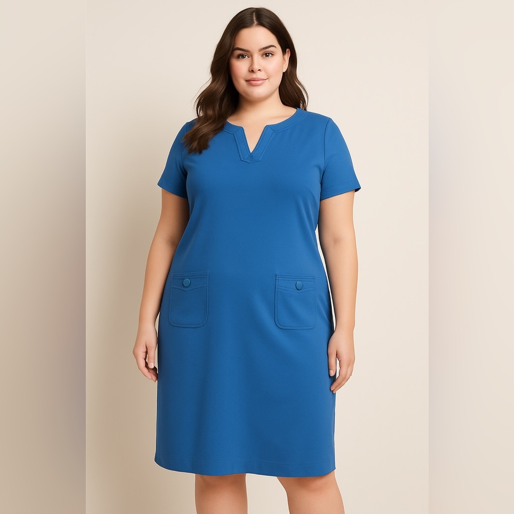 Talbots Dress Womens 16 Blue Stretch Shift Ponte Work Career Pocket Knee Length